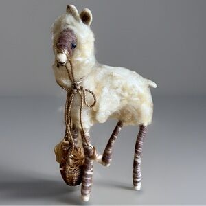 Handmade Wool Felt Llama Alpaca Figurine Folk Art Miniature w Basket 10in